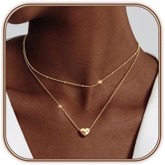 Heart Necklace for Women, 14K Gold Plated Layered Tiny Puffy Heart Pendant - Picture 2 of 7